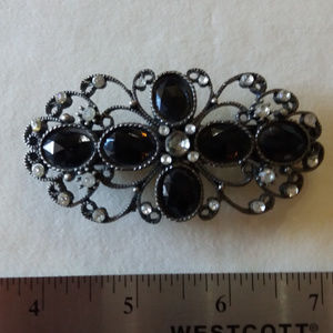 Silver Tone Filigree Black Rhinestone Barrette